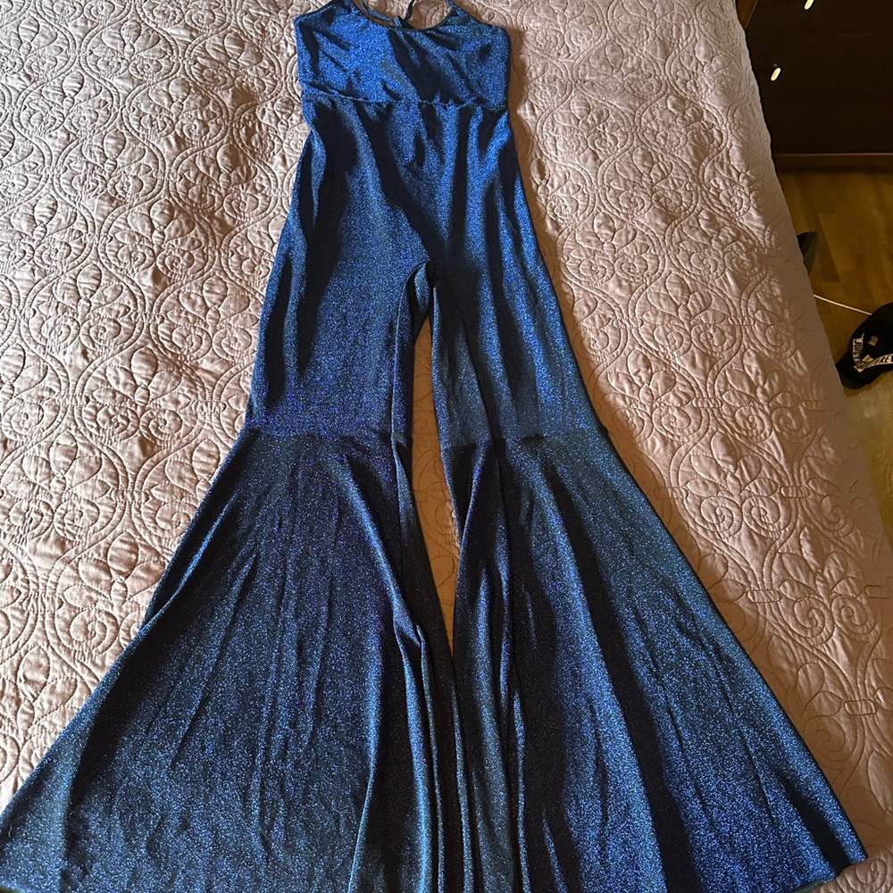 Sparkly Blue Strappy Stretch Big Bell Flare Festival Jumpsuit, M/L